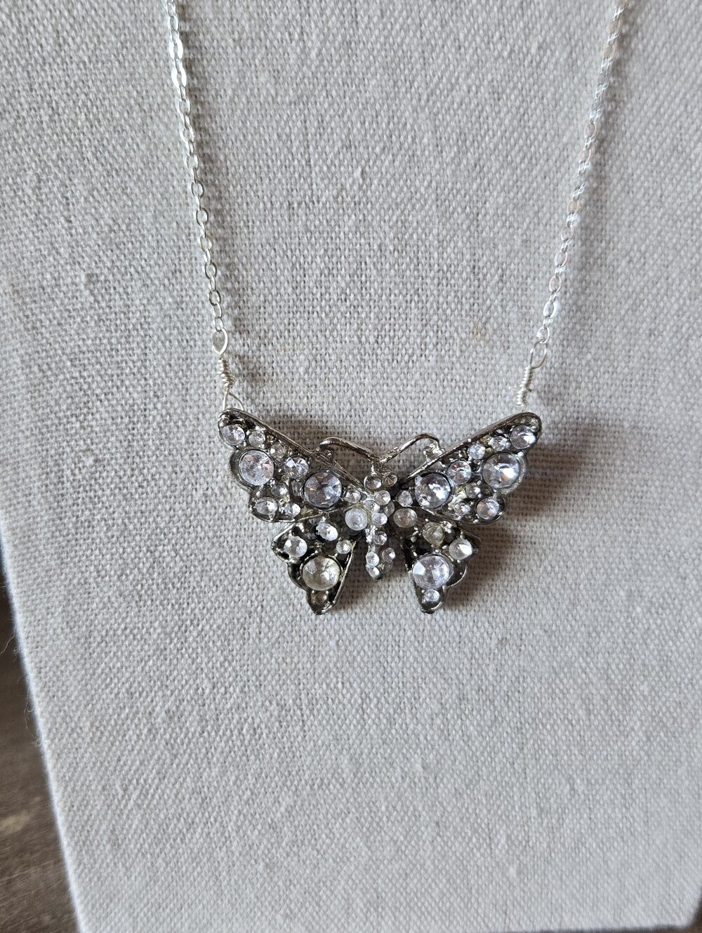 Vtg 50s 60s Rhinestone Butterfly Necklace, Cable Chain, 13-19" Adustable